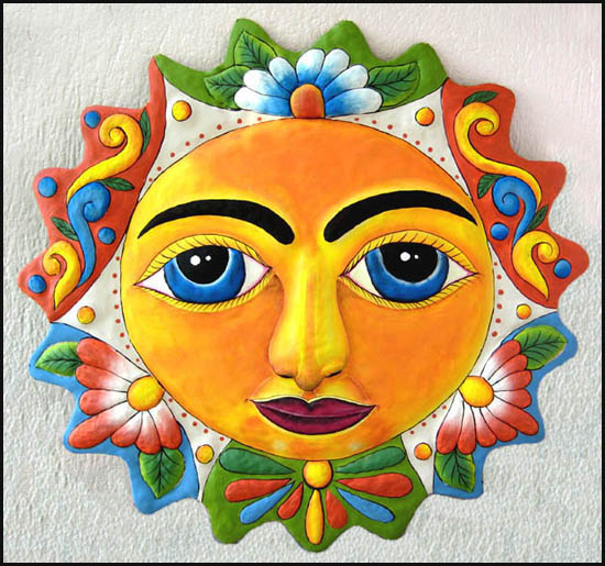 Hand painted metal sun wall hanging - Tropical metal garden art - Handcrafted in Haiti from recycled steel drums